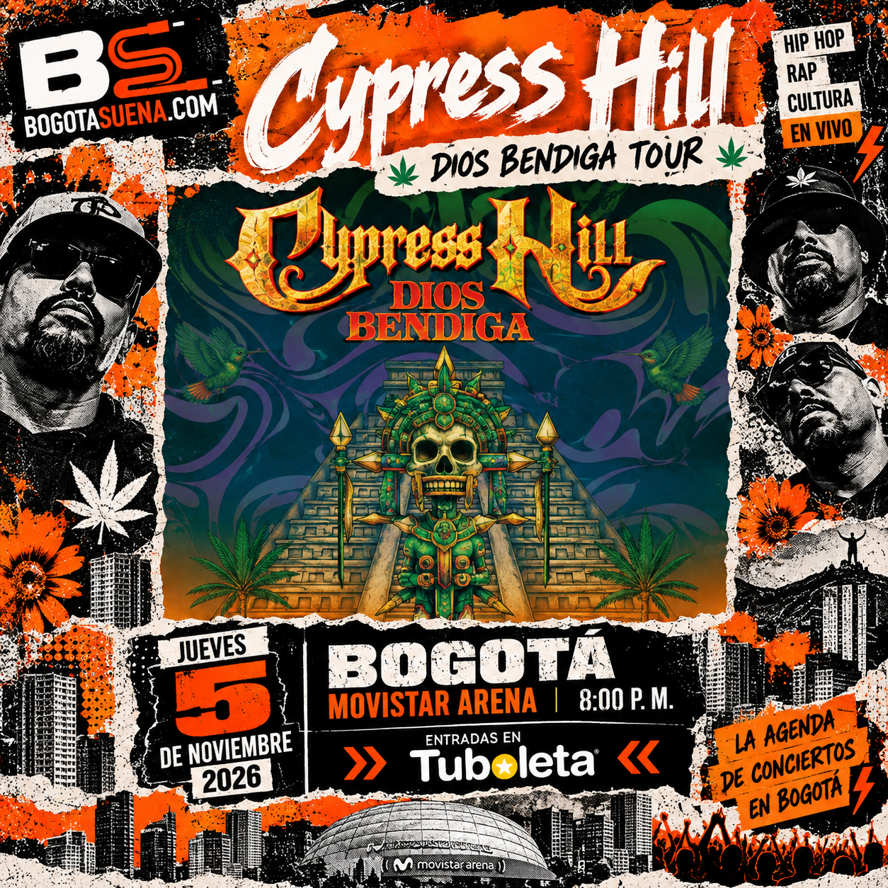 Afiche: Cypress Hill, Dios Bendiga Tour, Movistar Arena de Bogotá, 5 de noviembre