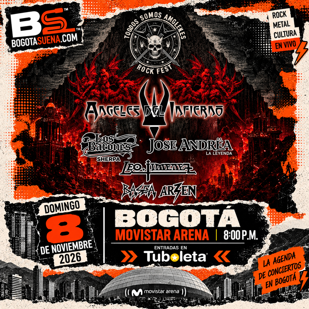 Afiche: Todos Somos Ángeles Rock Fest, Movistar Arena de Bogotá, 8 de noviembre