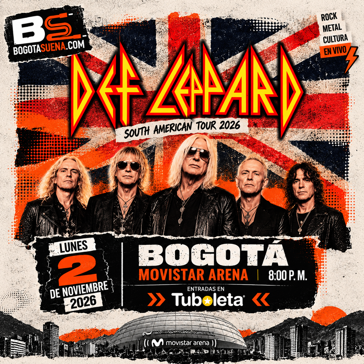 Afiche: Def Leppard, South American Tour 2026, Movistar Arena de Bogotá, 2 de noviembre
