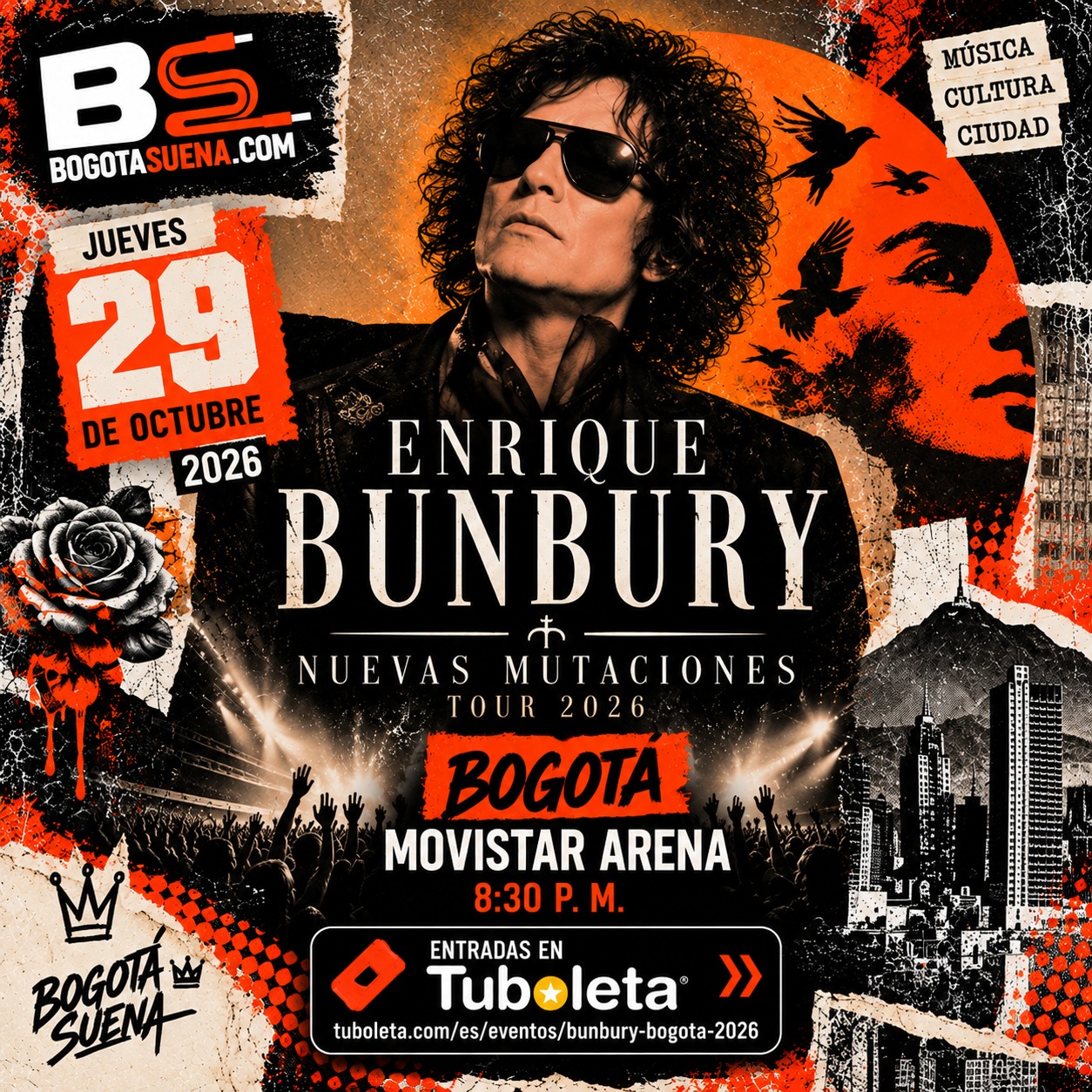 Afiche: Enrique Bunbury, Nuevas Mutaciones Tour 2026, Movistar Arena de Bogotá, 29 de octubre