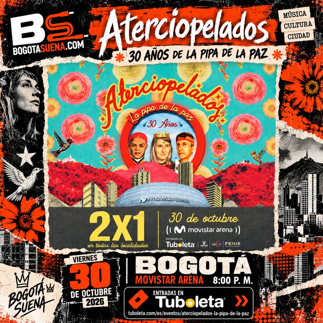 Afiche: Aterciopelados, 30 años de La Pipa de la Paz, Movistar Arena, 30 de octubre
